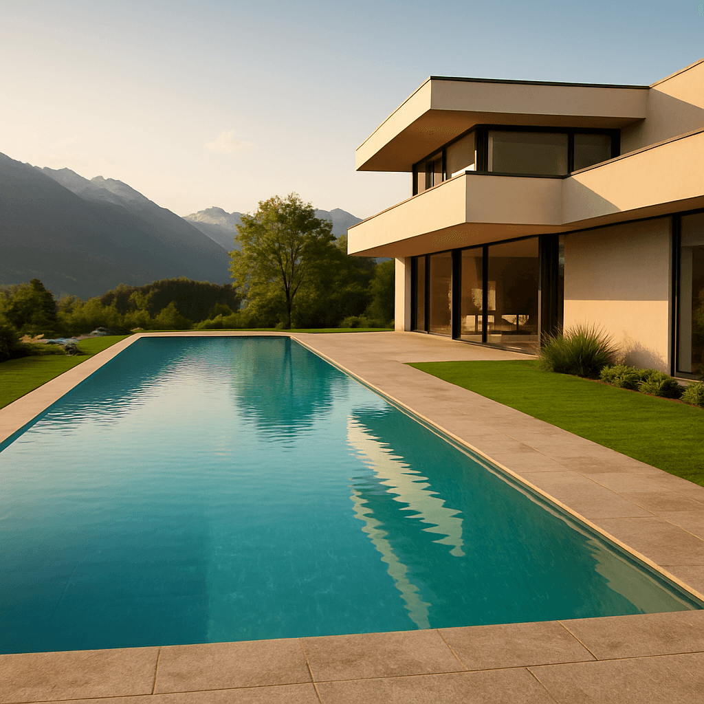Hochwertige Poollandschaft mit moderner Villa von Aurea Pools